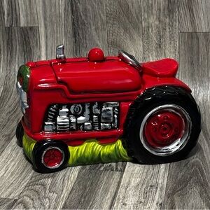Bright Red Farm Tractor Bella Bug Ceramic Christmas Cookie Jar 10 inch
